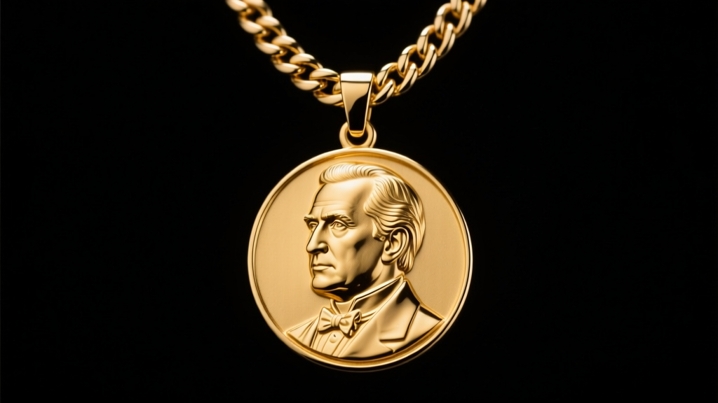 Close-up of a gold-plated political portrait medallion pendant on a 6mm Miami Cuban chain, dramatic studio lighting.