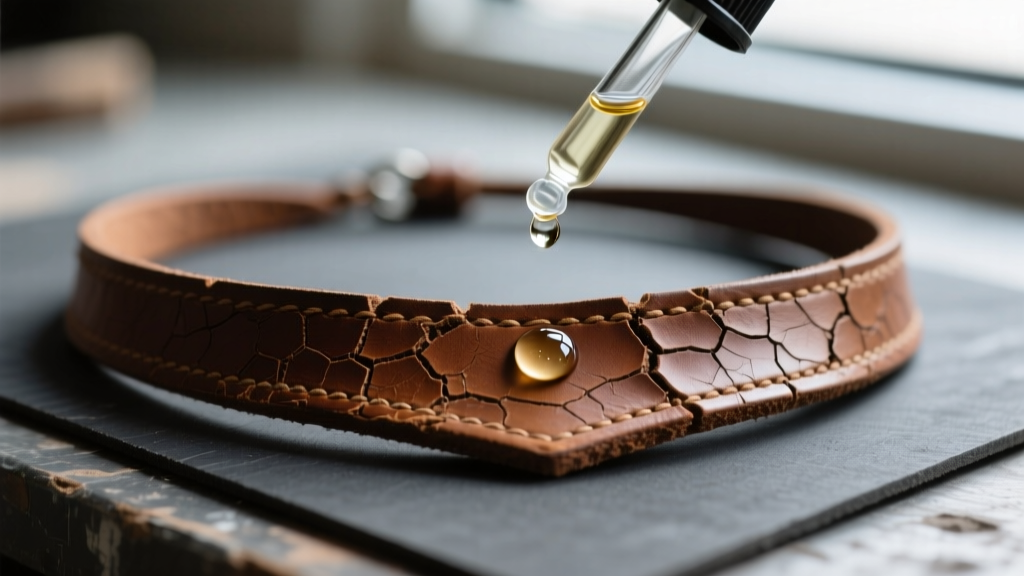 Macro shot of a cracked brown leather cowboy necklace lace treated with clear conditioner from a dropper on a dark workbench mat.