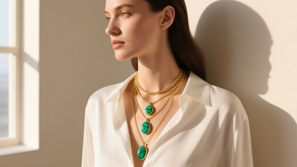 Woman wearing layered gold vermeil malachite pendants on 20 and 24-inch chains over a crisp white linen shirt in warm sunlight