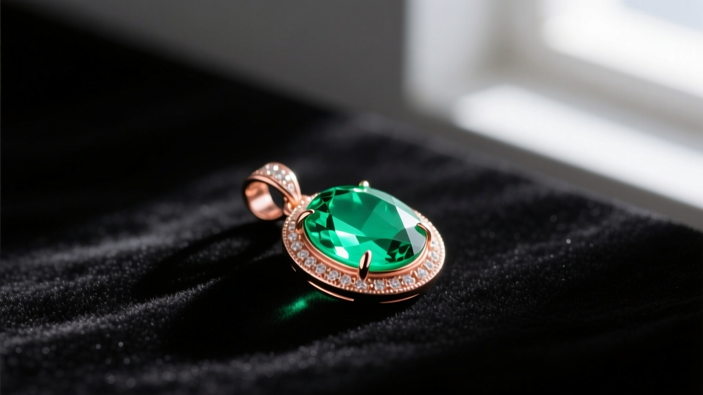 Polished chrysoprase green gemstone pendant in 14k rose gold on dark velvet, dramatic side lighting revealing natural facets