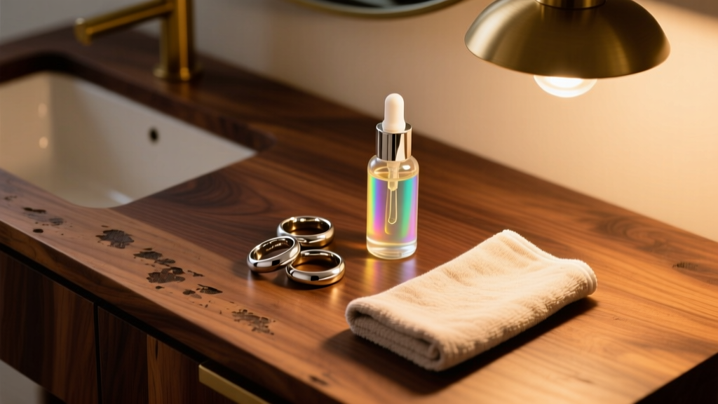 Top-down view of silver rings, liquid tarnish remover, and a microfiber cloth on a wooden vanity under warm light