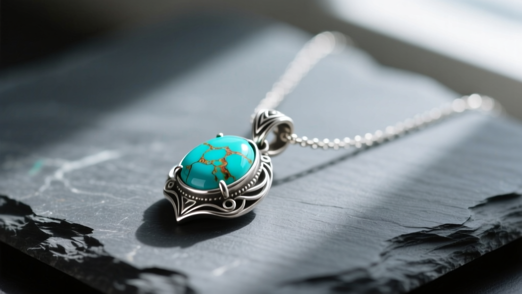 Macro shot of an oxidized sterling silver necklace featuring a delicate bezel-set turquoise pendant, resting on dark grey slate
