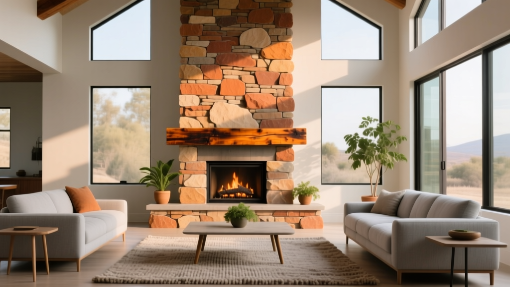 Modern living room featuring a floor-to-ceiling stacked stone veneer fireplace surround in warm earth tones with a rustic wood mantel