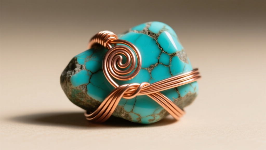 Macro shot of 28-gauge copper wire woven around a raw turquoise stone, highlighting the artisan wire-wrapping jewelry technique