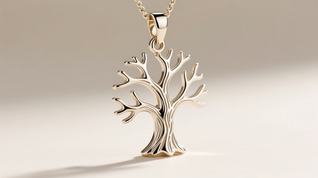 Side view of a die-struck 10k white gold tree pendant with crisp edges and a brushed matte bark finish under studio light