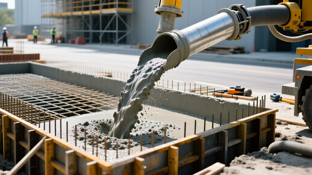 Concrete pump pouring high-slump self-consolidating mix into densely reinforced foundation footing formwork on a bright construction site