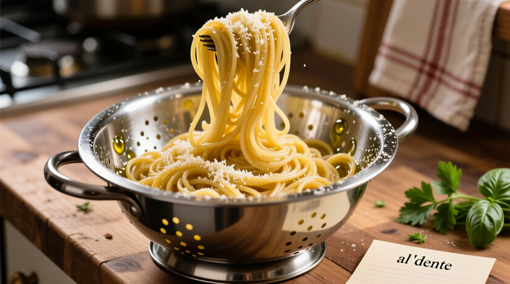 Perfectly cooked al dente spaghetti in colander