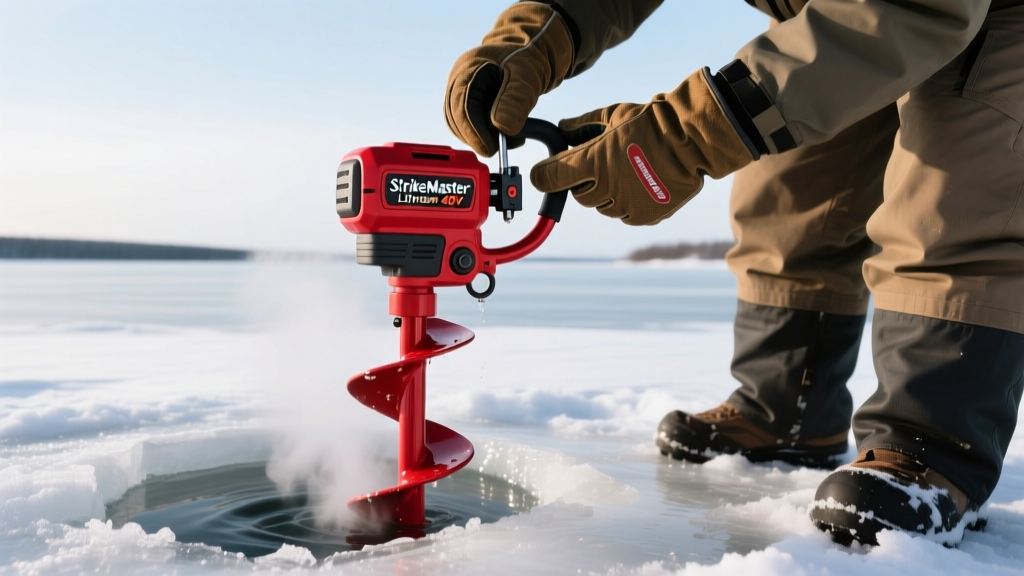 Fisher wearing heavy insulated gloves adjusting the battery latch on a red StrikeMaster Lithium 40V power ice auger next to a slushy hole