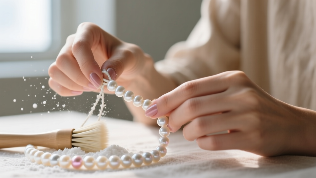 Macro shot of hands gently separating knotted pearl strands using a soft brush and fine white cornstarch powder.