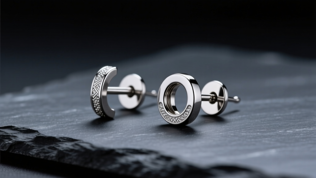 Macro shot of polished titanium earring posts and friction backs on dark slate, illuminated by soft directional studio lighting.