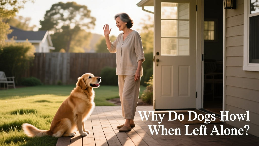 A person gently practicing a short departure routine with their dog—leaving briefly and returning calmly