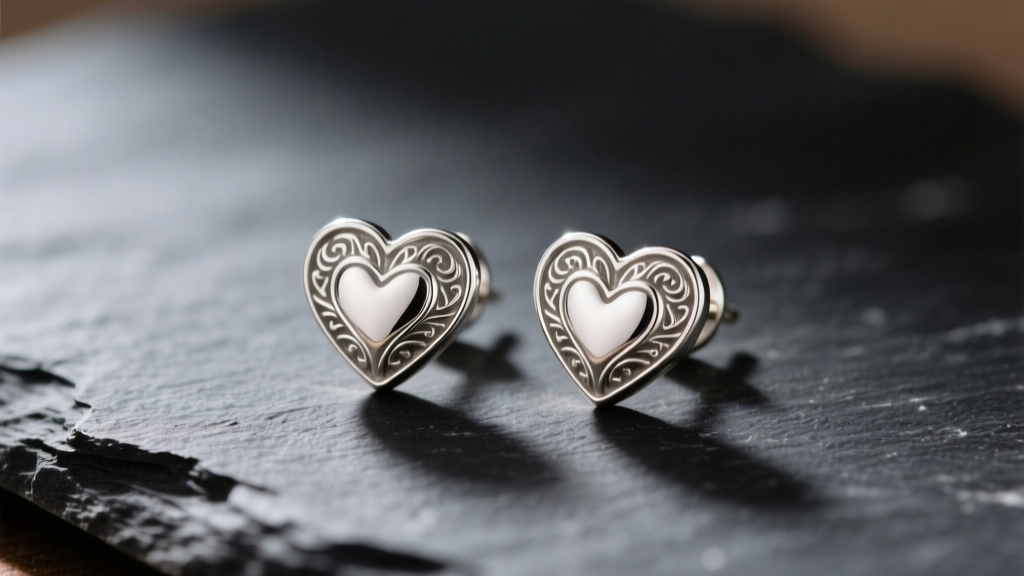 Macro shot of vintage sterling silver James Avery puffed heart stud earrings on dark slate under soft directional light