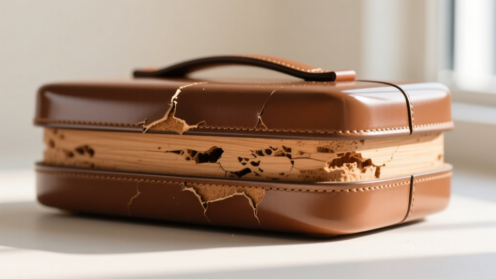 Macro photo of peeling polyurethane synthetic leather revealing raw porous MDF wood underneath a trendy travel jewelry case