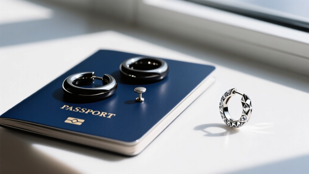 Flat lay of matte black PVD huggies and brushed titanium studs beside a rejected glossy diamond-cut hoop on a blue passport cover
