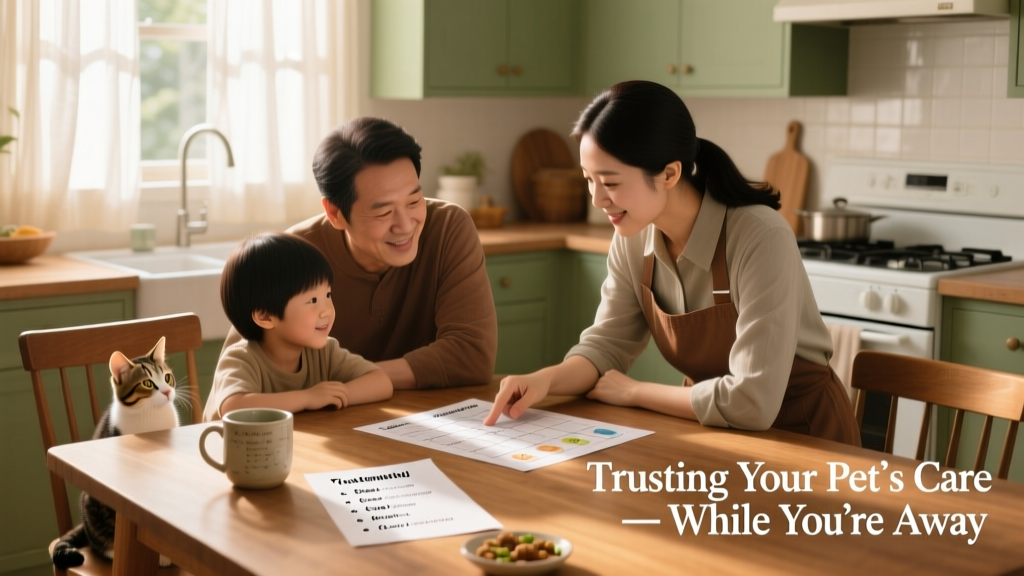 A pet sitter and a family reviewing a customized care plan together at a kitchen table