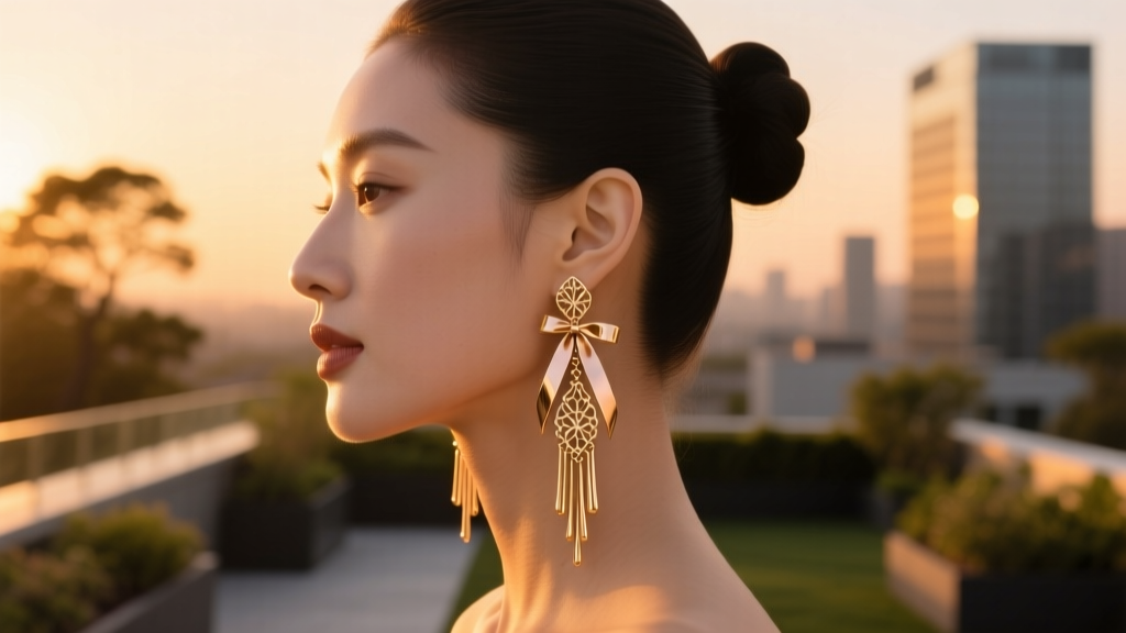 Side profile of woman with sleek bun wearing long 18k rose gold ribbon chandelier earrings, captured in warm golden hour sunlight.
