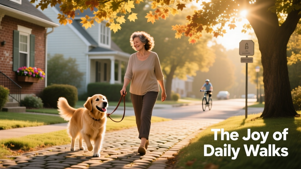 A person walking a dog on a leash through a sunlit neighborhood path