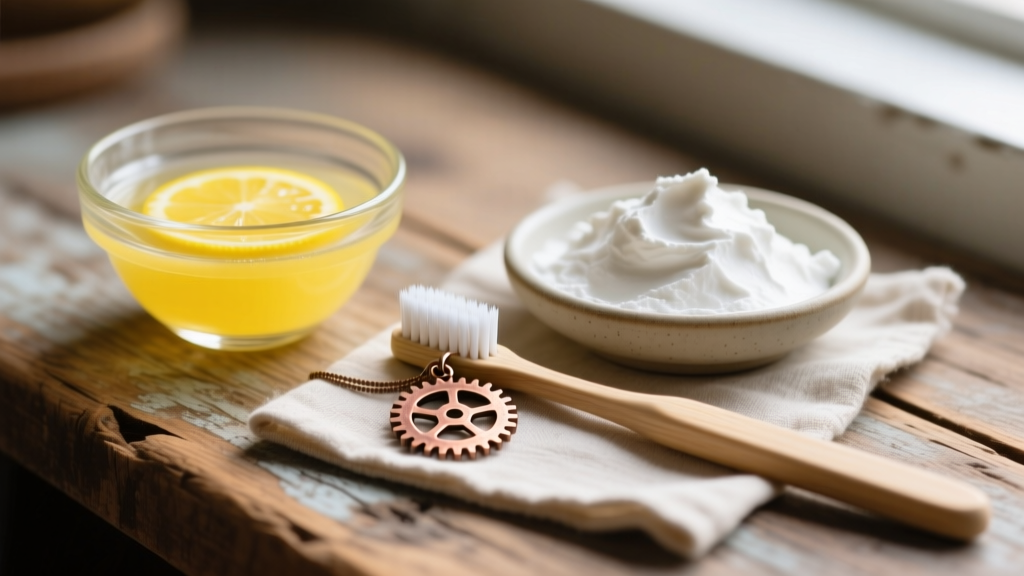 Glass bowl of lemon juice and baking soda paste beside a soft toothbrush and a disassembled copper gear pendant on a wooden desk