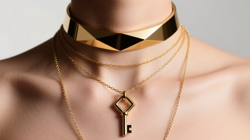 Layered necklaces featuring a gold choker and a 20-inch chain holding a minimalist geometric tubular chastity key pendant