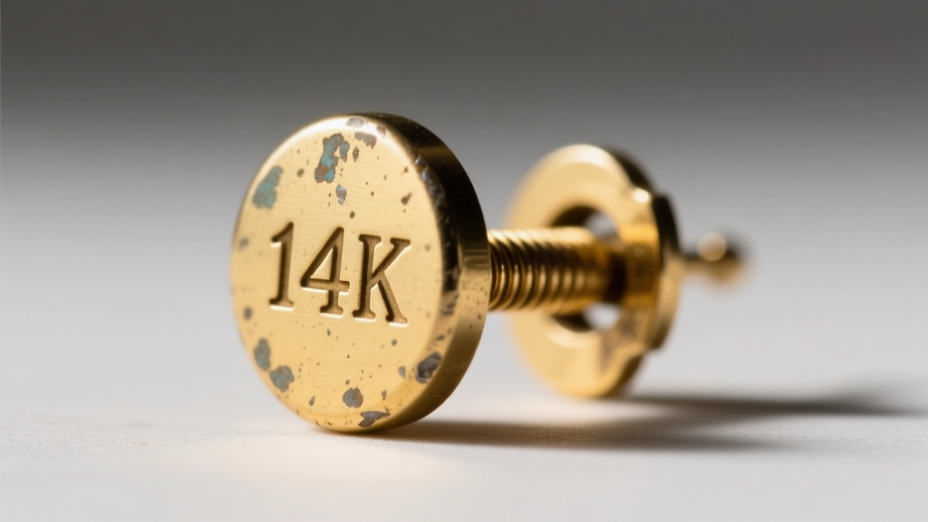 Macro photography of a vintage 14k gold earring post showing the 14K hallmark stamp and a worn friction clutch mechanism.