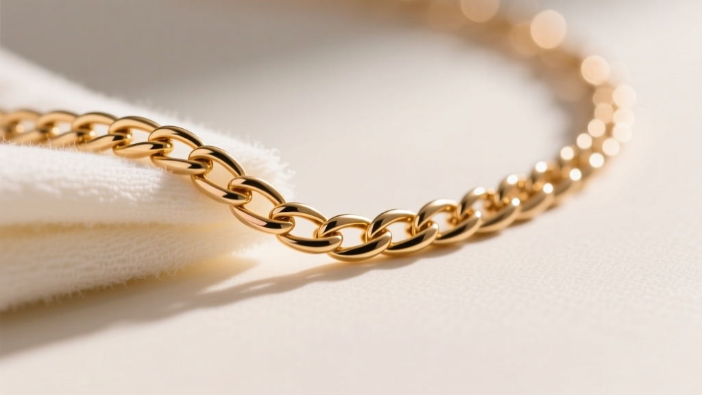 Close-up of a jewelry wipe gently polishing a delicate 18k gold vermeil herringbone chain, avoiding mechanical plating wear.