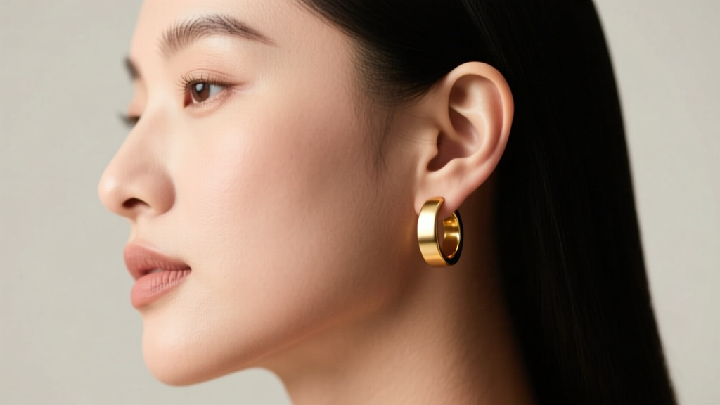 Side profile of a person with fleshy earlobes wearing medium gold hoop earrings with flat backs in soft studio lighting.