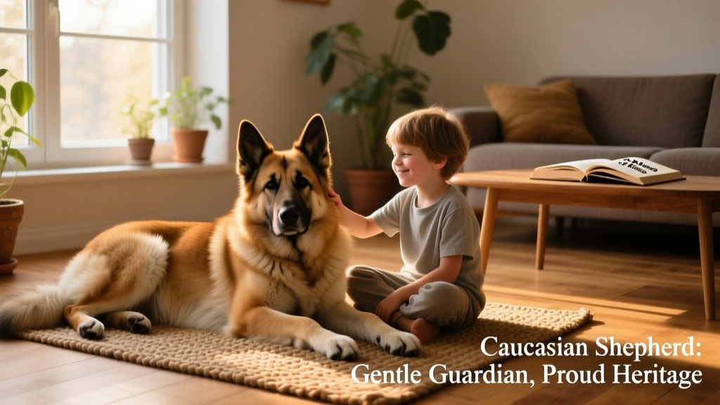 A well-socialized Caucasian Shepherd gently resting beside a child, illustrating calm confidence and gentle demeanor in a home setting