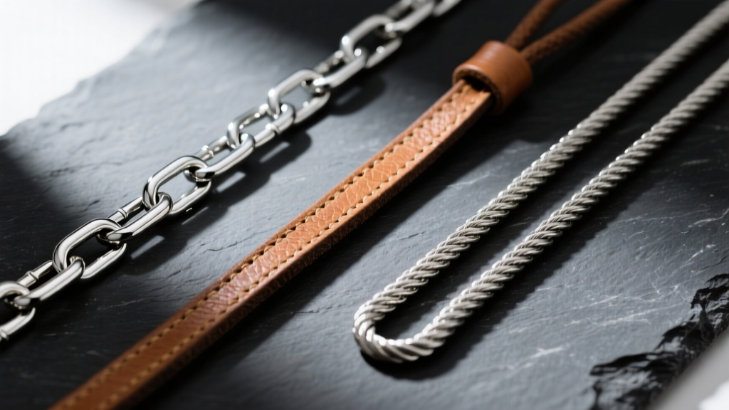 Flat lay of an aluminum chain, a leather cord, and a titanium rope chain resting on a dark slate background for comparison