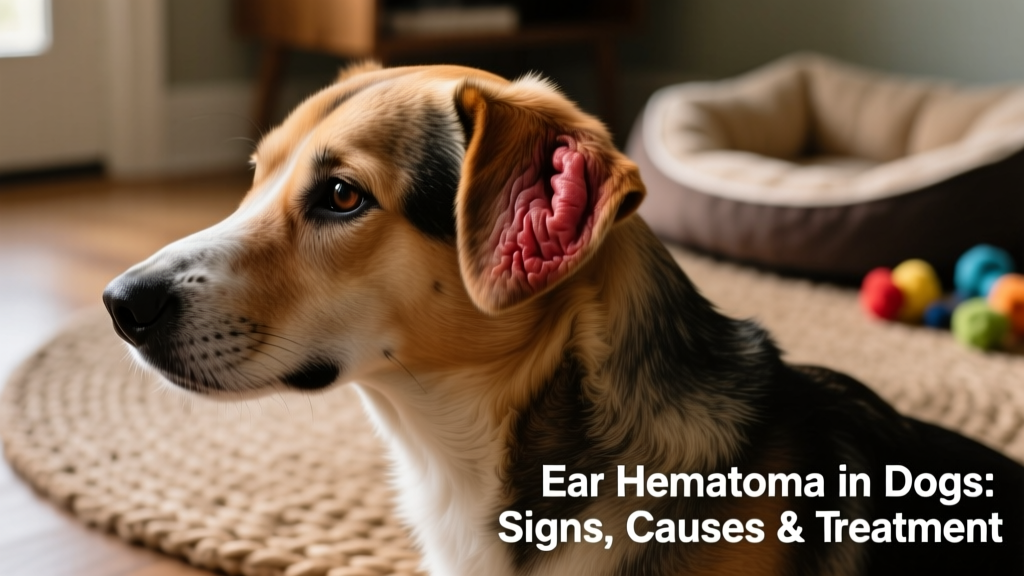 Side view of a dog with one noticeably swollen, puffy ear flap