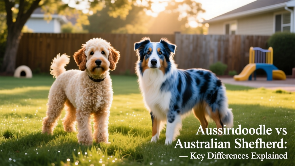 Side-by-side comparison of an Aussiedoodle and an Australian Shepherd standing on grass