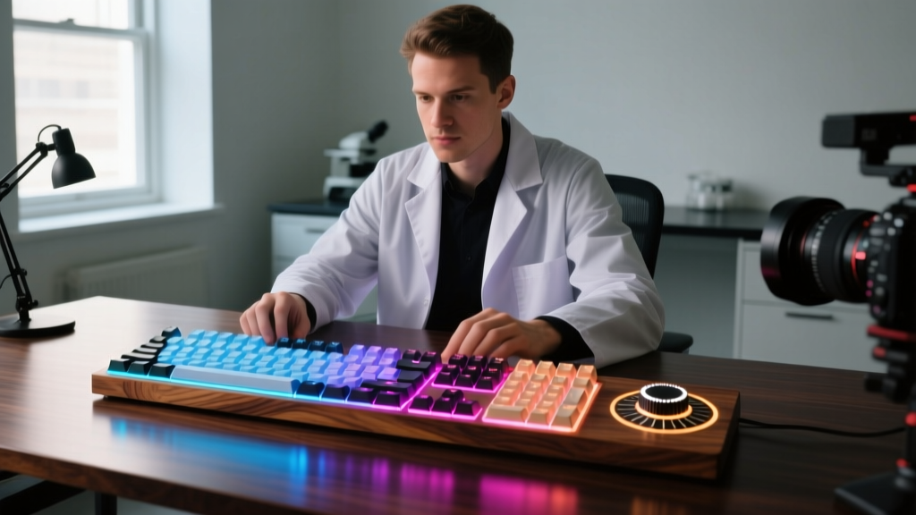 Food-tech creator editing culinary video on custom split mechanical keyboard with radial dial, RGB lighting on dark wood desk