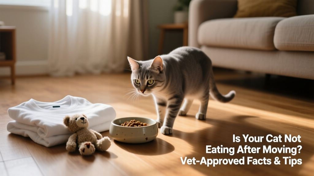 A cat tentatively approaching a food bowl next to a folded t-shirt and small plush toy in a softly lit room