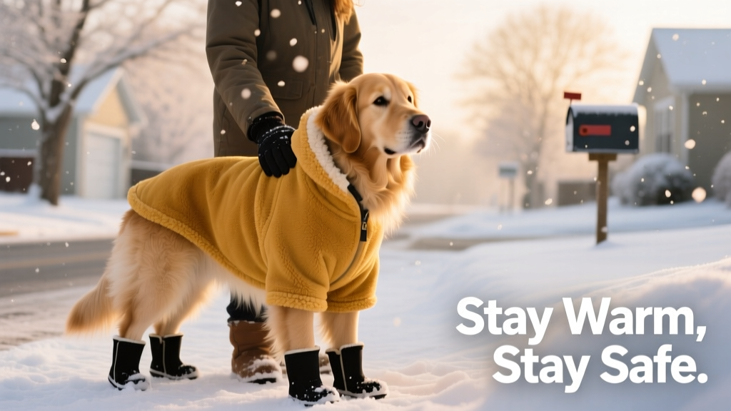 A dog wearing a warm coat and boots, standing confidently in light snow next to its owner