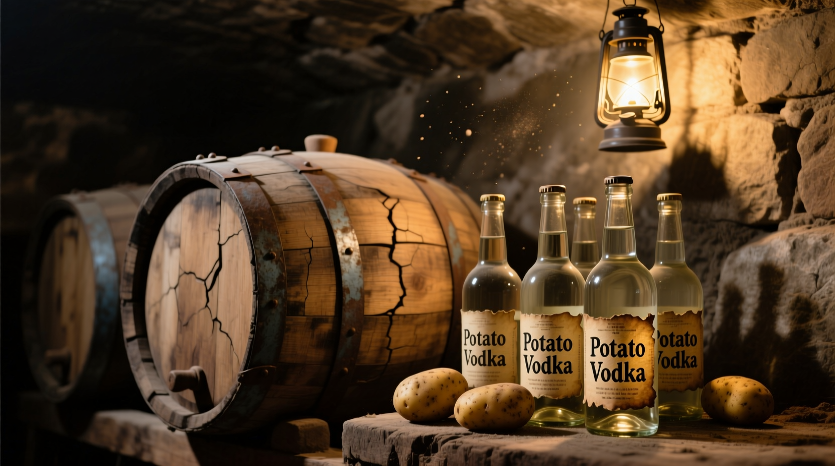 Potato vodka bottles next to traditional whiskey barrels