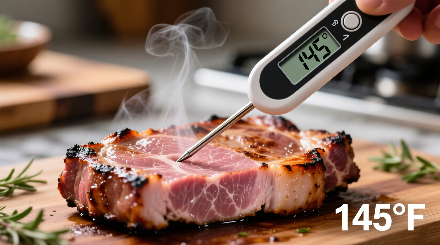 Digital thermometer showing 145 degrees in pork chop
