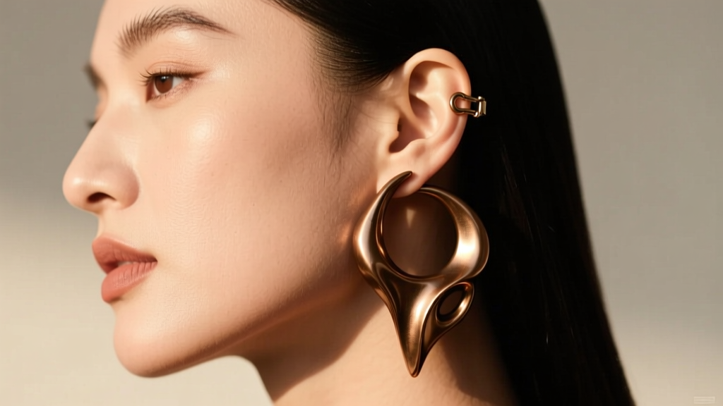 Side profile of a woman wearing a heavy sculptural bronze ear cuff with an adjustable omega clip back in warm directional sunlight