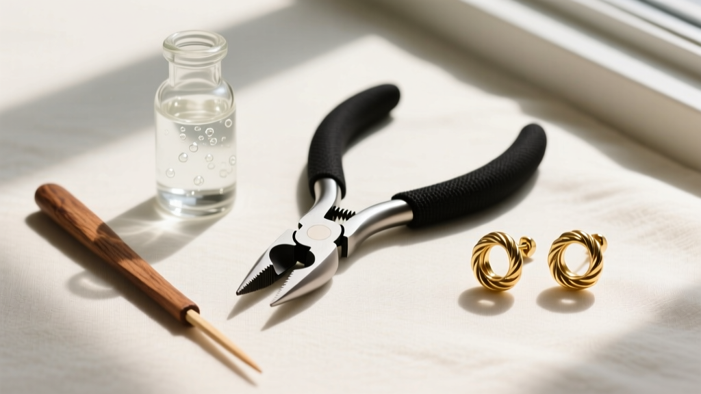 Flat lay of jewelry tools including nylon-jaw pliers, a wooden toothpick, and isopropyl alcohol beside gold screw-back earrings.