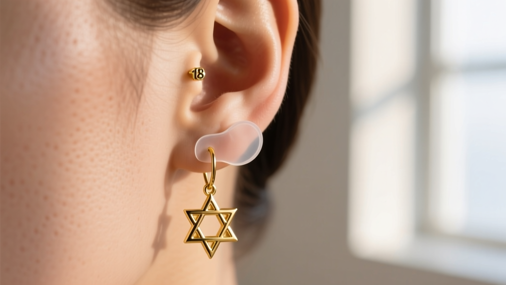 Close-up of an earlobe wearing a heavy 18-gauge gold Star of David drop earring supported by a clear silicone lifting patch