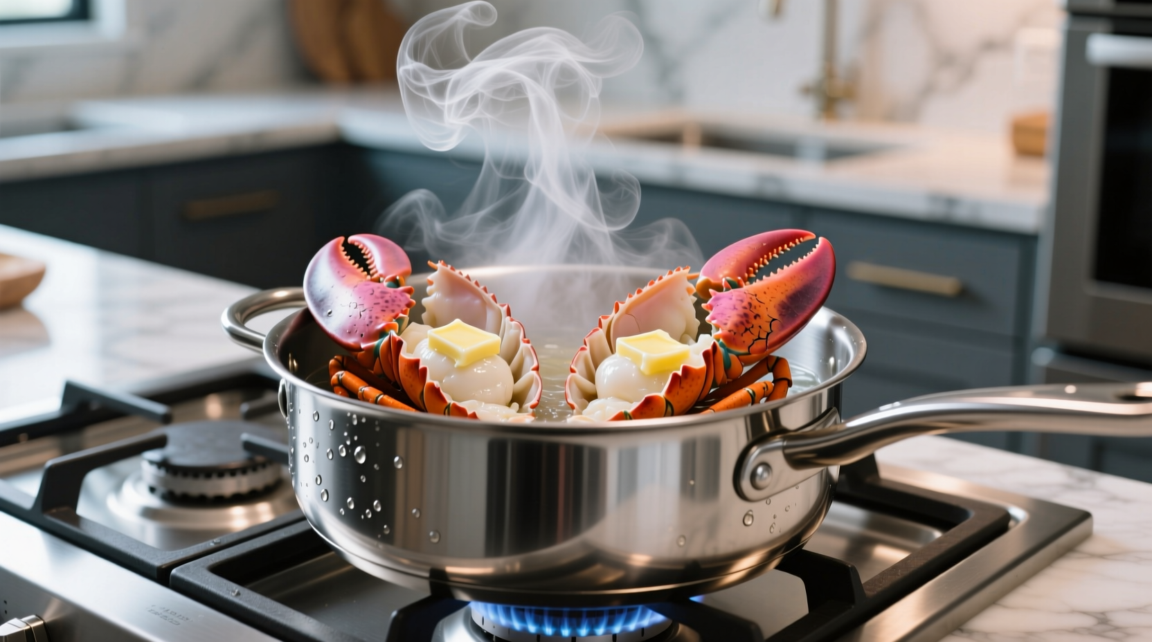 Steaming lobster tails in stainless steel pot