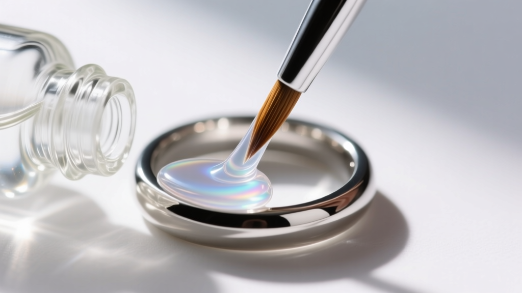 Small glass bottle of clear polymer jewelry barrier coating applied with a precision brush to the inside of a steel ring band