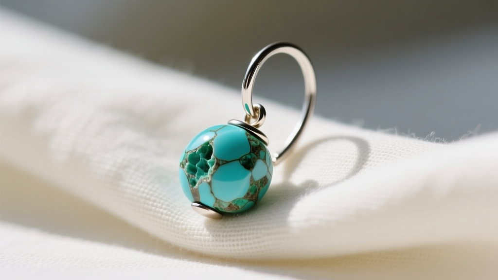 Macro shot of a hypoallergenic niobium french hook earring with a raw turquoise bead, resting on soft linen cloth