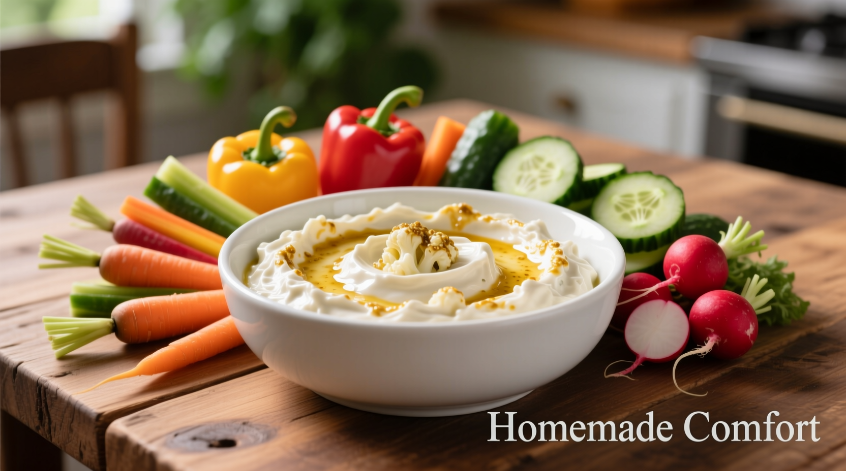 Creamy cauliflower dip in white bowl with vegetable dippers