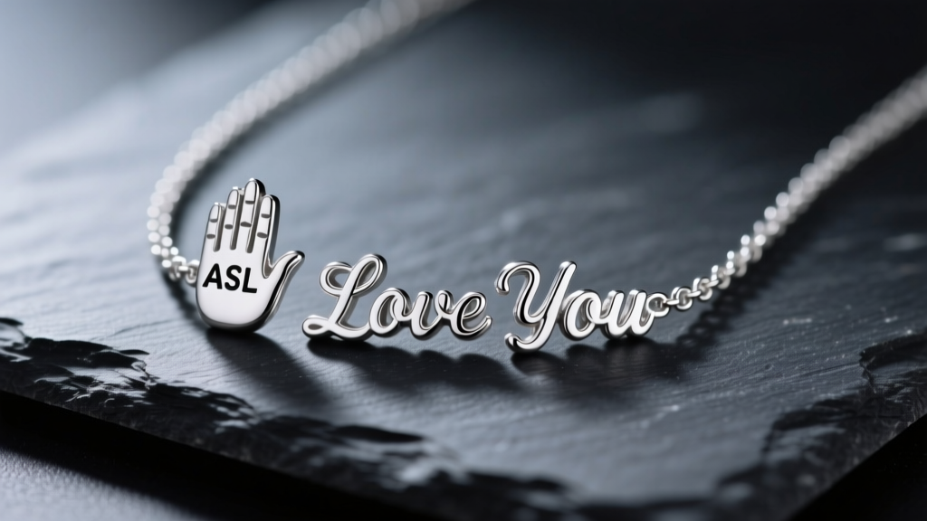 Macro shot of a sterling silver ASL I Love You hand sign necklace on dark slate, illuminated by soft directional studio lighting.