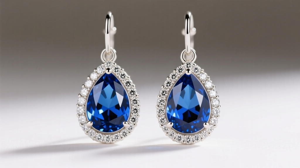 Close-up of 14k white gold drop earrings featuring pear-cut London blue topaz surrounded by a halo of brilliant round diamonds.