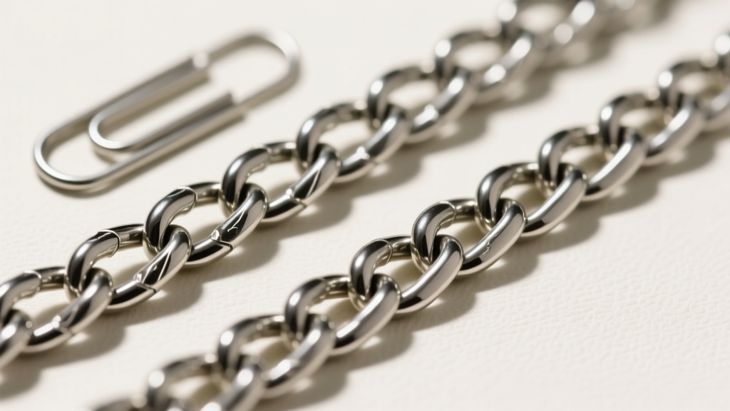 Macro shot of a 3mm steel paperclip chain beside a 5mm silver curb chain, showing the distinct metal weave and texture details