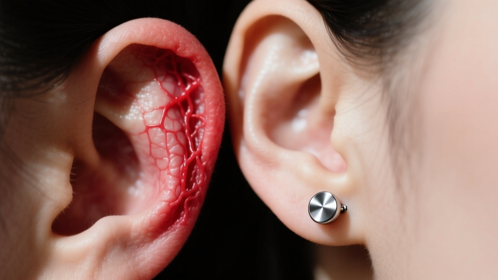 Macro photo of an irritated red earlobe next to a healthy ear wearing a polished titanium flat-back labret earring.