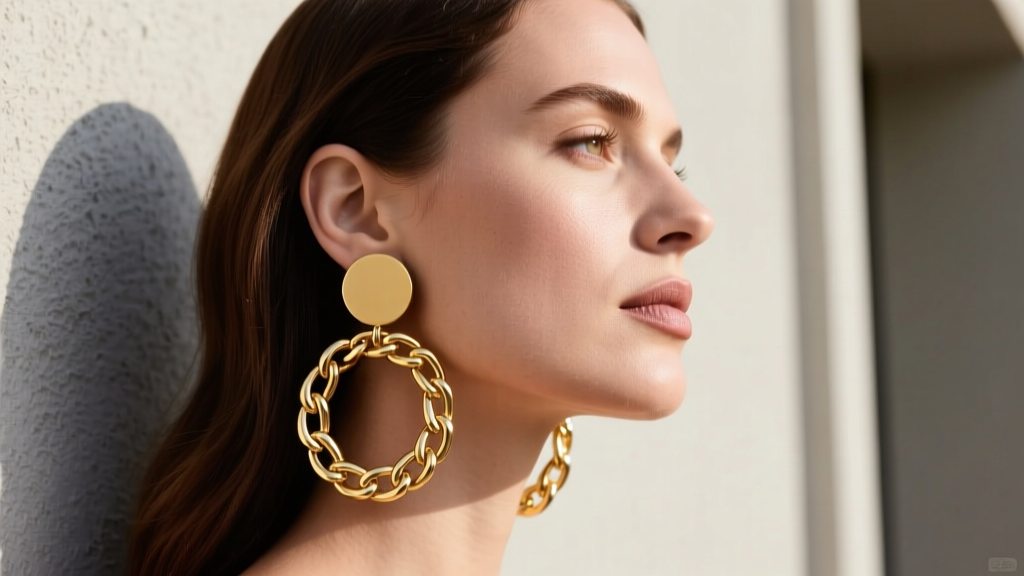 Side profile of a woman wearing heavy 18k gold chain drop earrings with a wide silicone disc back supporting the earlobe.