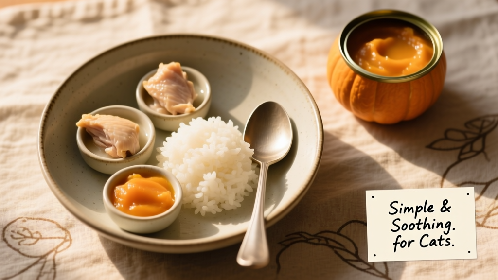 Top-down photo of a shallow ceramic bowl containing small portions of plain boiled chicken and white rice beside a spoonful of plain canned pumpkin