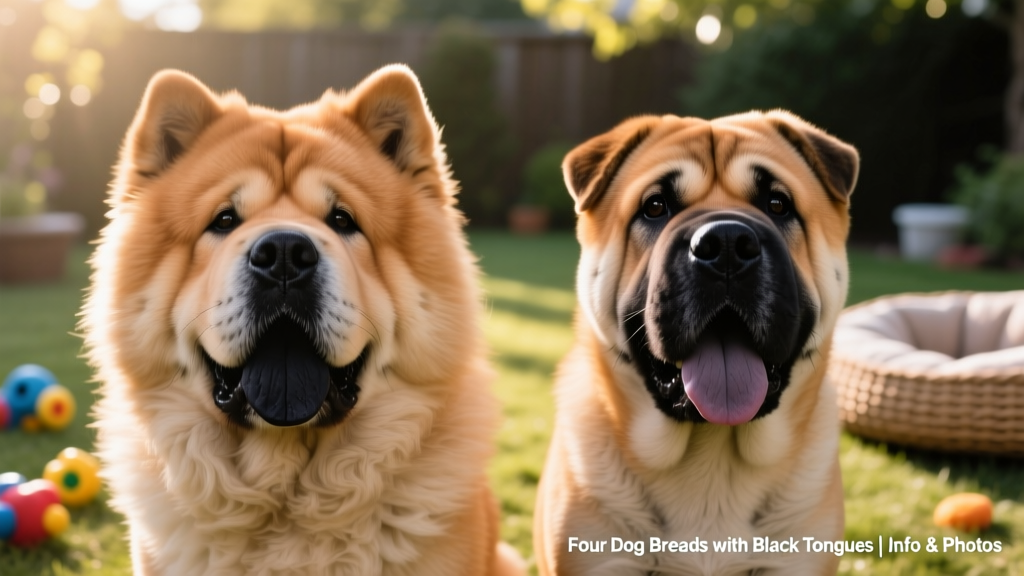 Side-by-side comparison of Chow Chow and Shar-Pei heads showing distinctive black tongues
