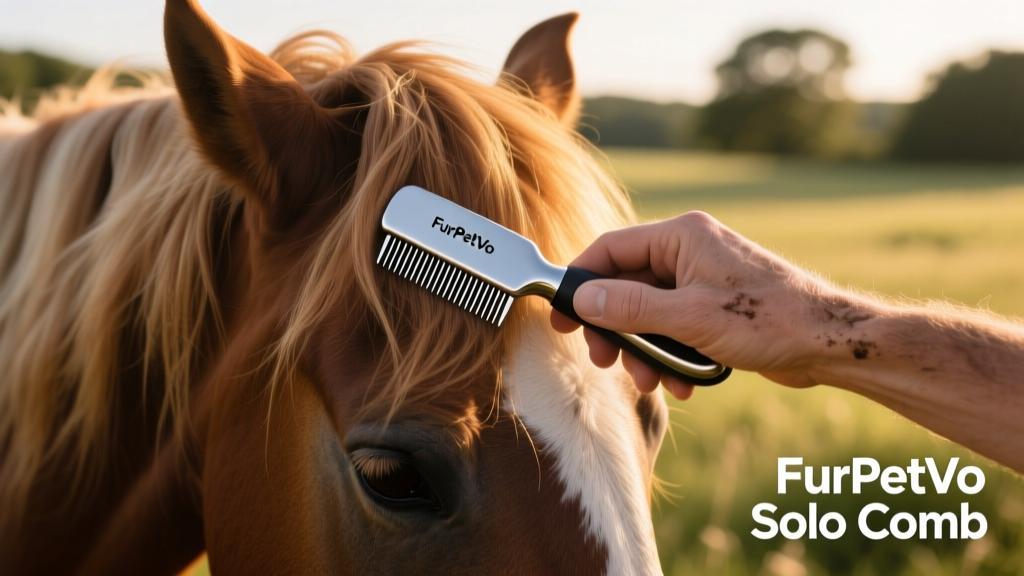 Hand holding the FurPetVo Solo Comb mid-use on a relaxed horse's mane